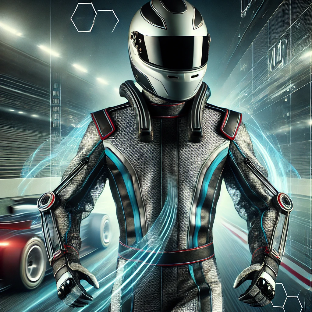 DALL·E 2025-03-04 01.01.59 - A futuristic auto racewear suit with advanced fire-resistant and lightweight fabric technology. The suit features a sleek, aerodynamic design with a h